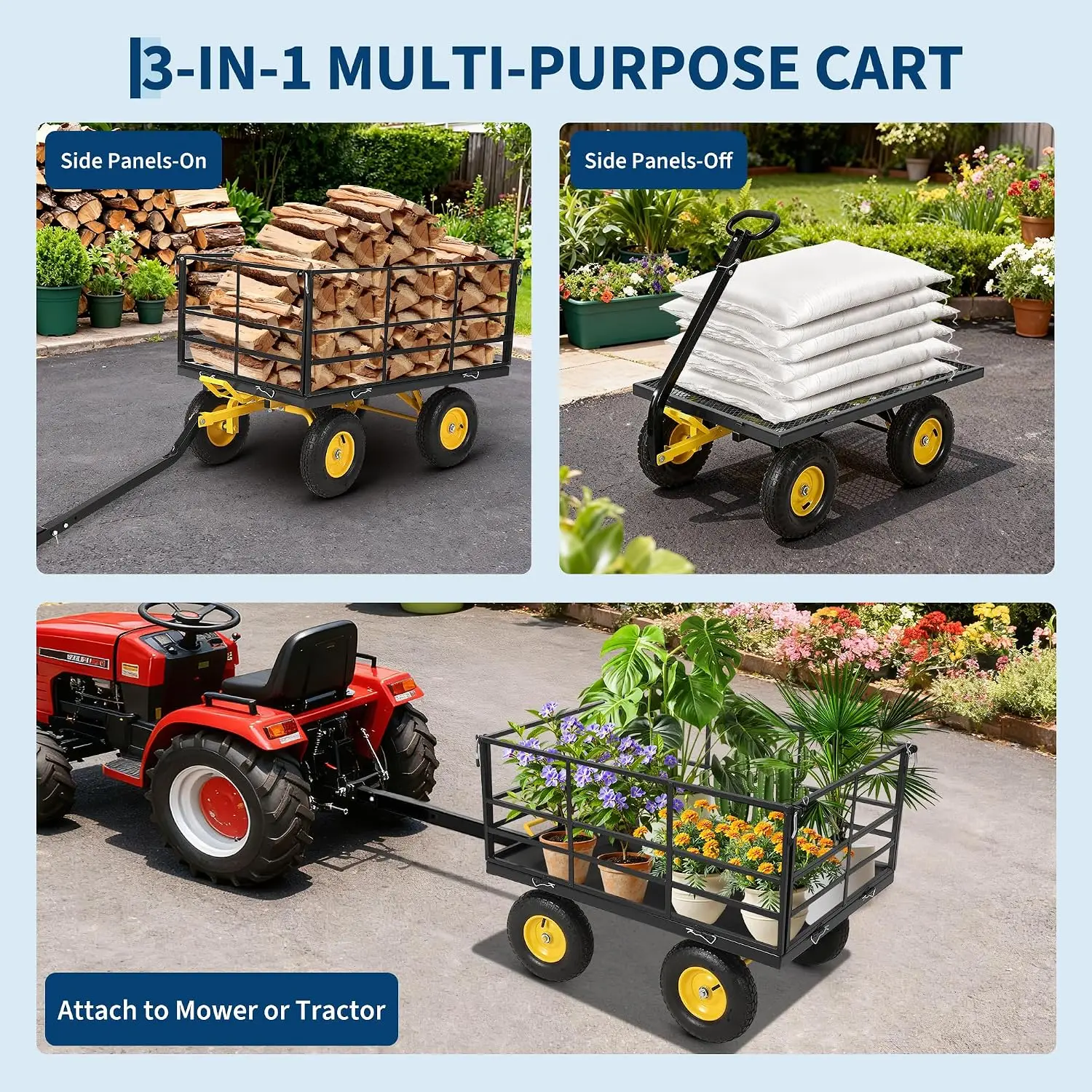 1500-lb Capacity Steel Mesh Garden Cart – Folding Utility Wagon with Removable Sides, Heavy-Duty Wheels for Soil, Tools, and Plants