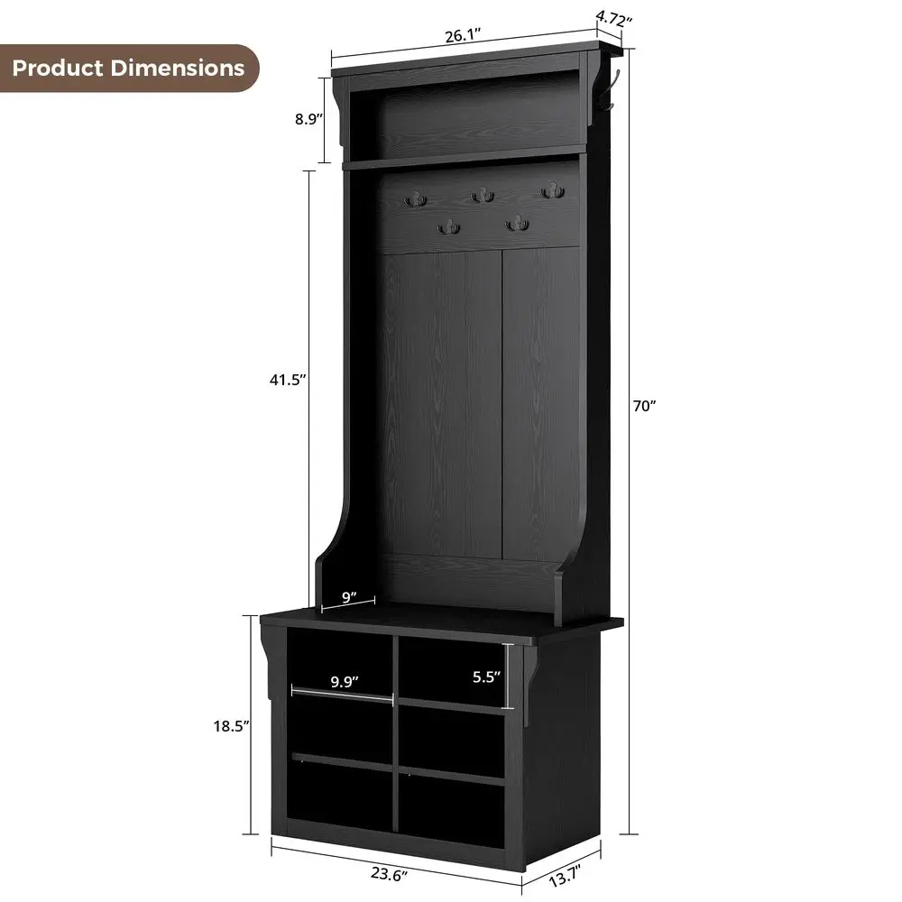 

Hall Tree with Bench and Shoe Storage, 6in1 Entryway Bench with Coat Rack, Adjustable Shelf, Hanging Hooks, 6 Shoe Cubbies, 2Ti