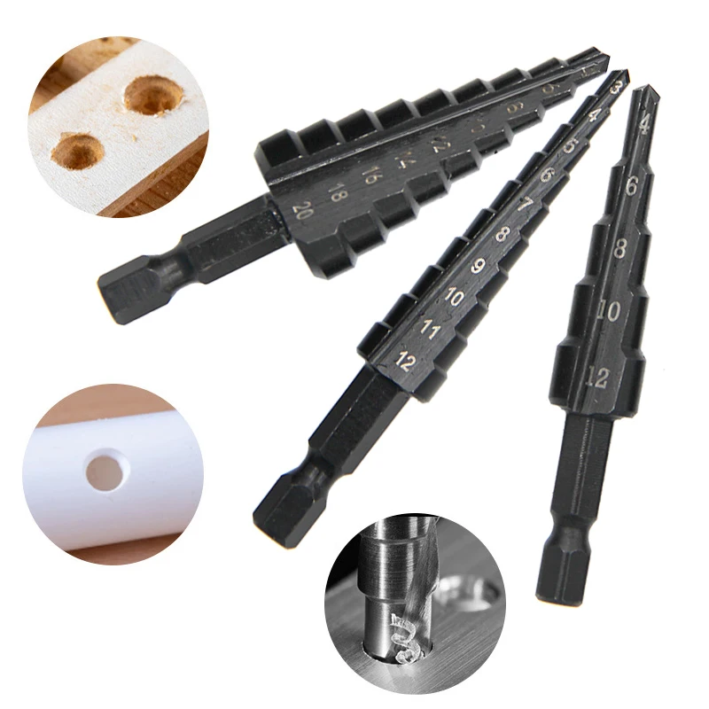 3 PC สีดําหกเหลี่ยม Shank ตรงสล็อตบันไดเจาะ Bit Reaming และรูเปิดสีดําเจดีย์เจาะชุดเครื่องมือ