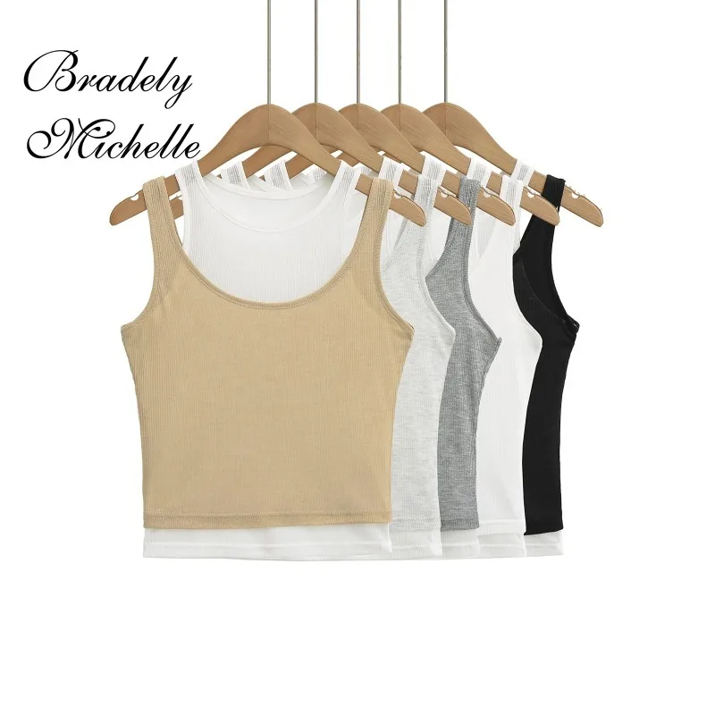 Stacked Double-layer Round Neck Women Sleeveless Cropped Tank Crop Vests Summer New Sexy Women's Vest Camis