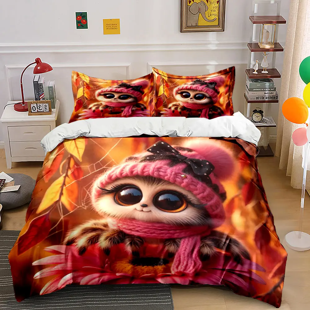 Spider in pink hat with autumn leaves Print Bedding Set 1 Duvet Cover 2 Pillowcases for Adult Children Luxury Gift Full Size