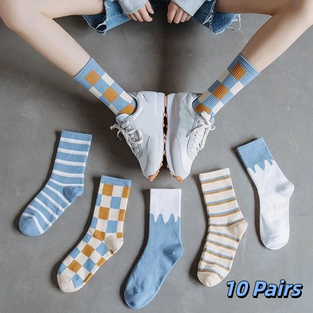 

10Pairs Breathable Grid Stripe Ankle Socks Colorful Thin Women Tube Socks Hosiery Non-slip Simple Mid-calf Socks Autumn
