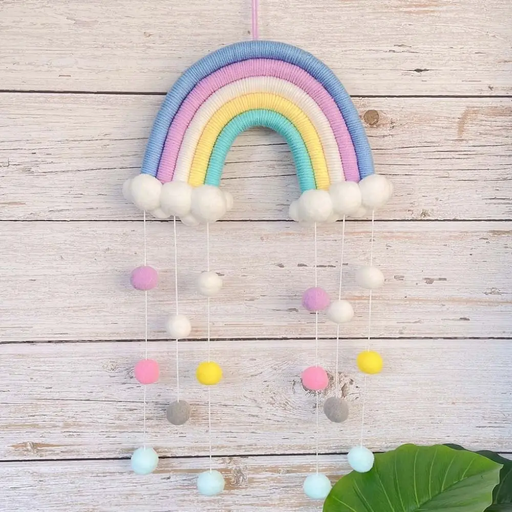 DIY PomPom Rainbow Clouds Tapestry Handmade Macrame Photo Prop Woven Wall Hanging Decor Home