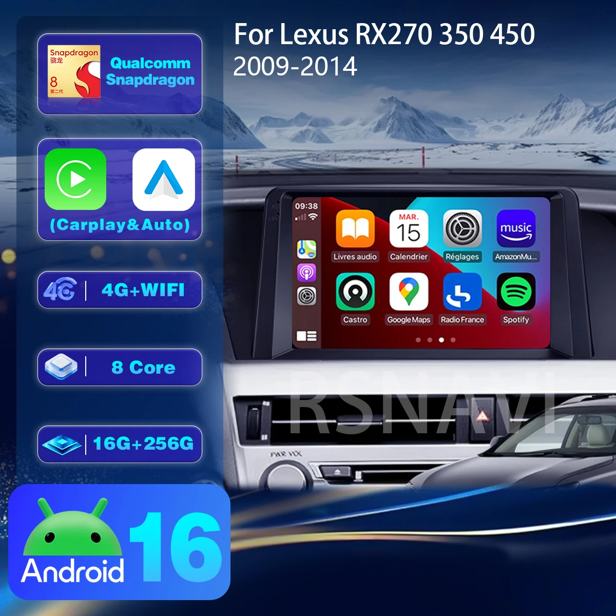 Android 16 Carplay Auto Car Radio Player For Lexus RX270 350 450 LHD 2009 - 2014 Stereo BT steering wheel Snapdragon 360 Camera