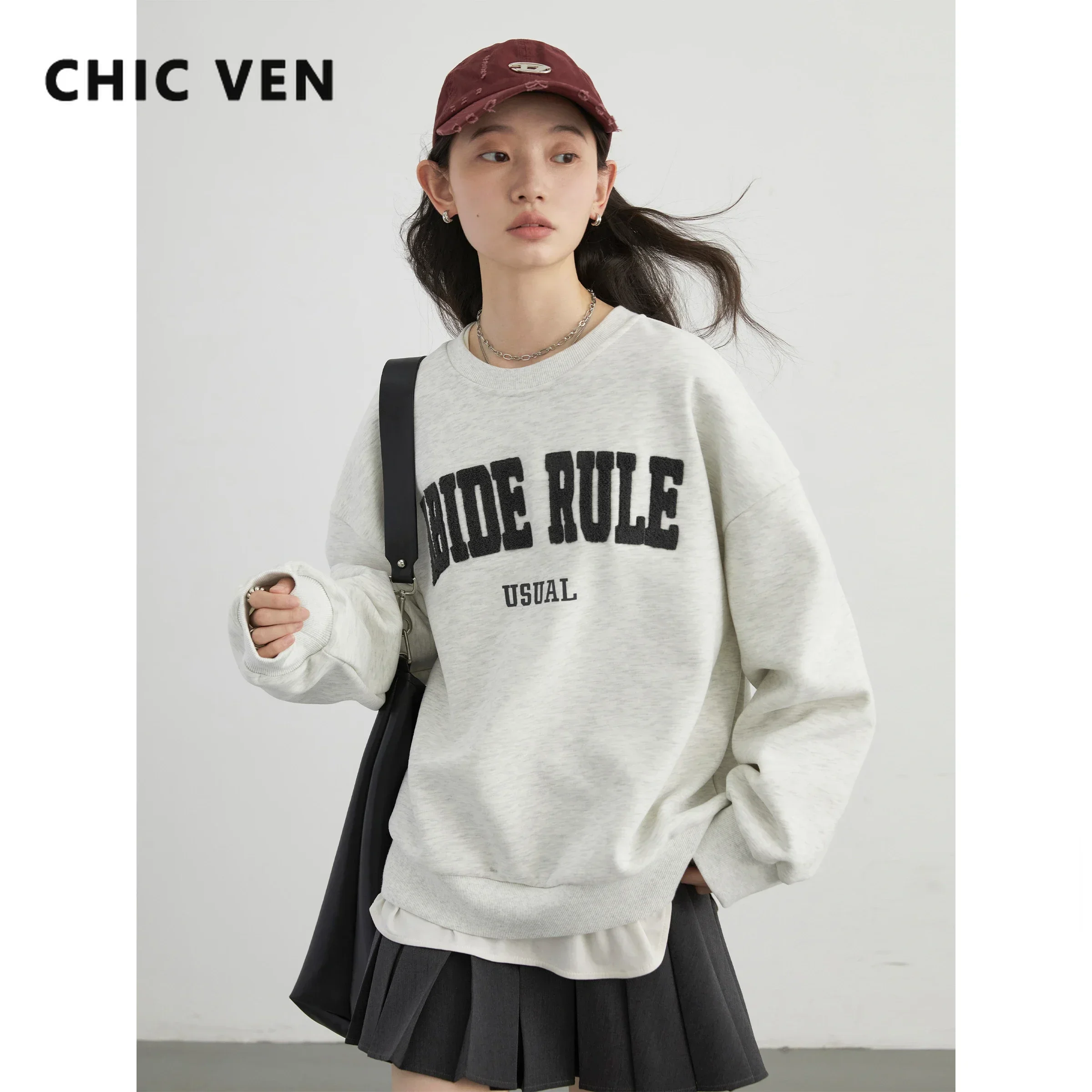 CHIC VEN Women Sweatshirts Casual Pullover Loose Korean Round Neck Letter Embroidered Female Top Spring Autumn 2024