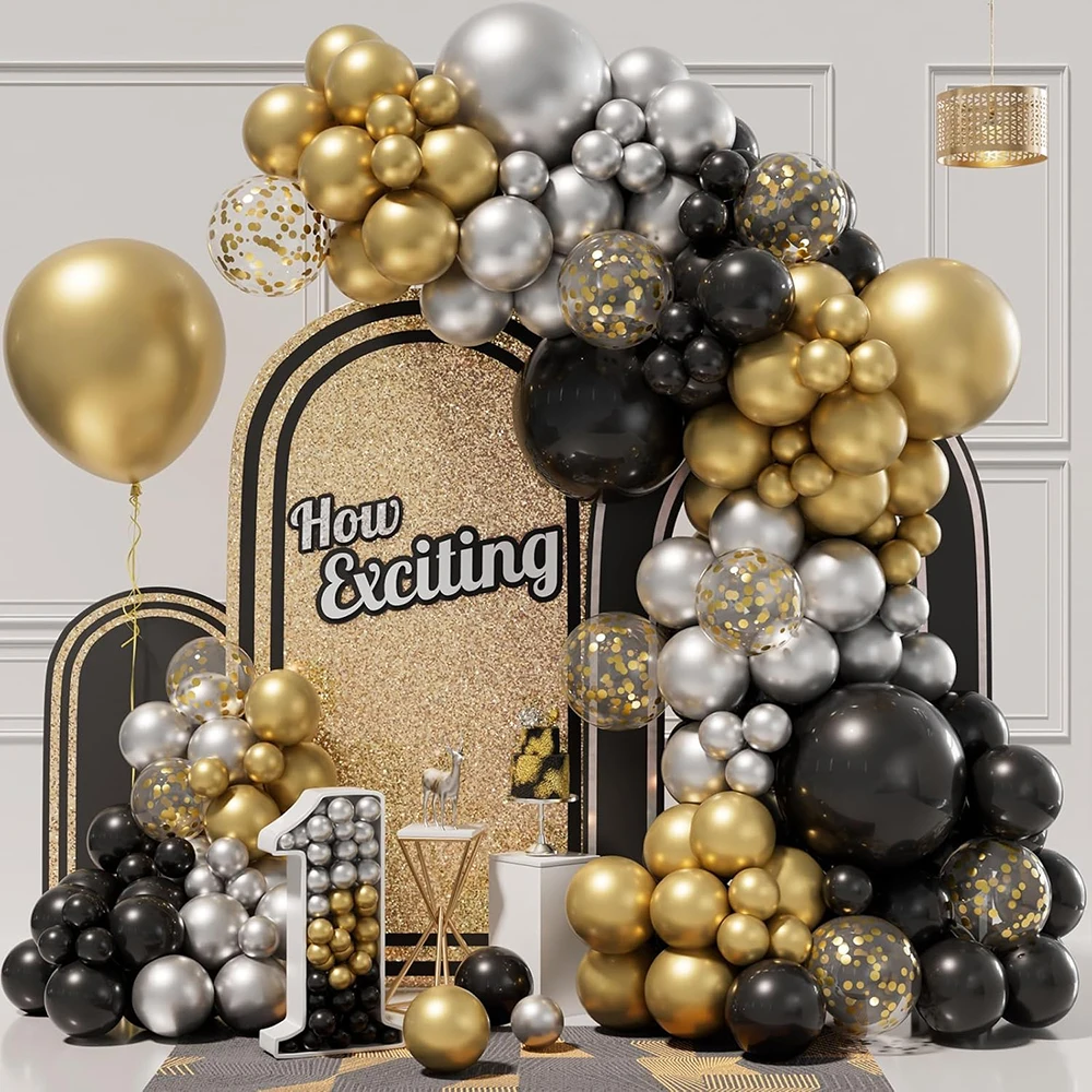 132Pcs Black Metallic Gold Silver Balloons Garland Arch Kit Gold Confetti Balloon Birthday Party Decoration Wedding Graduation