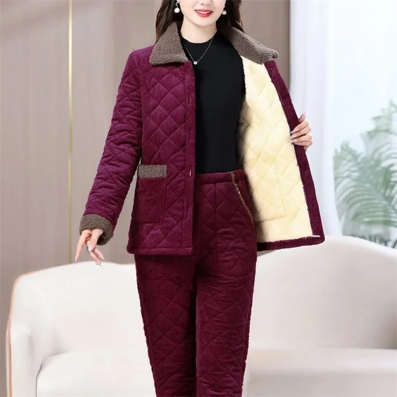 

Winter Add Velvet Thicken Homewear Set Middle aged Women's Fashion Warm Corduroy Cotton Coat Cotton Pants Two Piece Suits 2PCS