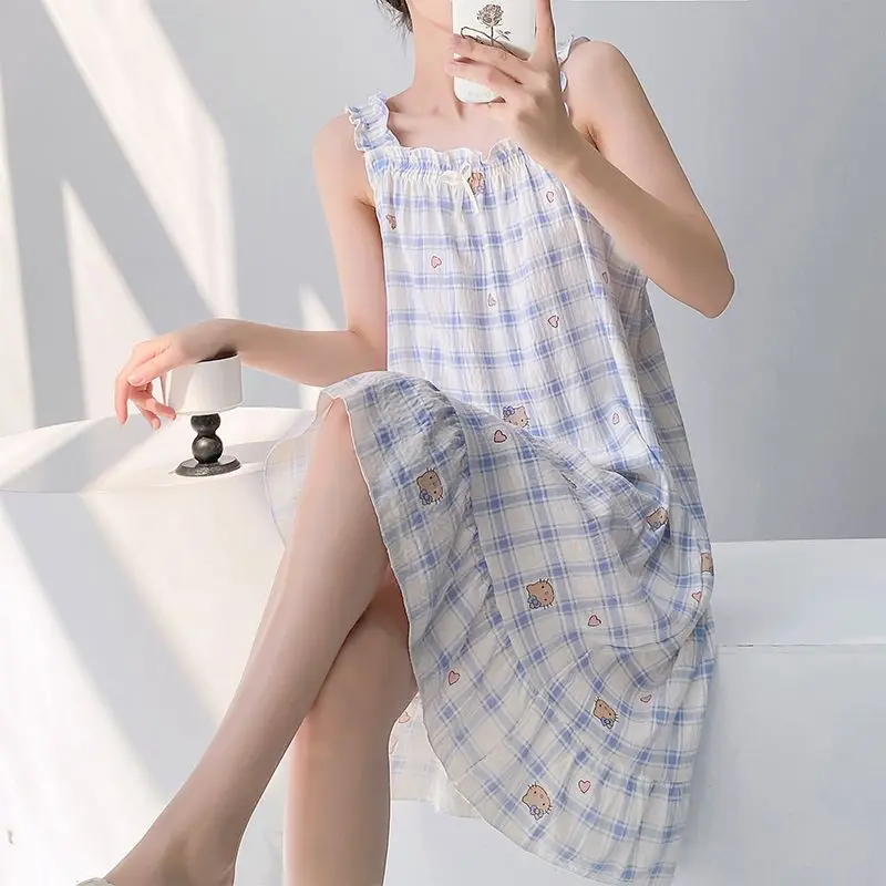 Sanrio Hello Kitty Hot Sexy Night Skirt Summer Pajamas Dress Long Dresses Negligee Cute Halter Sleep Nightdress Home Wear New