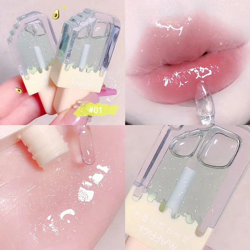 รสพีช Watery Clear Jelly Lip Oil ลิปบาล์มกลิ่นผลไม้ Moisturizing และ Smoothing Lip เส้น Jelly Pout Lip Gloss Glass Lip