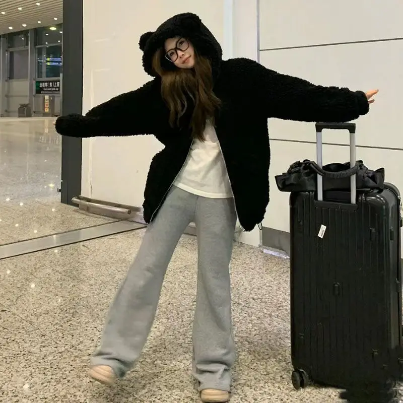 2025 جديد لطيف فتاة آذان الدب الصغير تقليد صوف الضأن سستة معطف مقنع جمع موضة غير رسمية اتجاهات متعددة الاستخدامات كسول الرياح