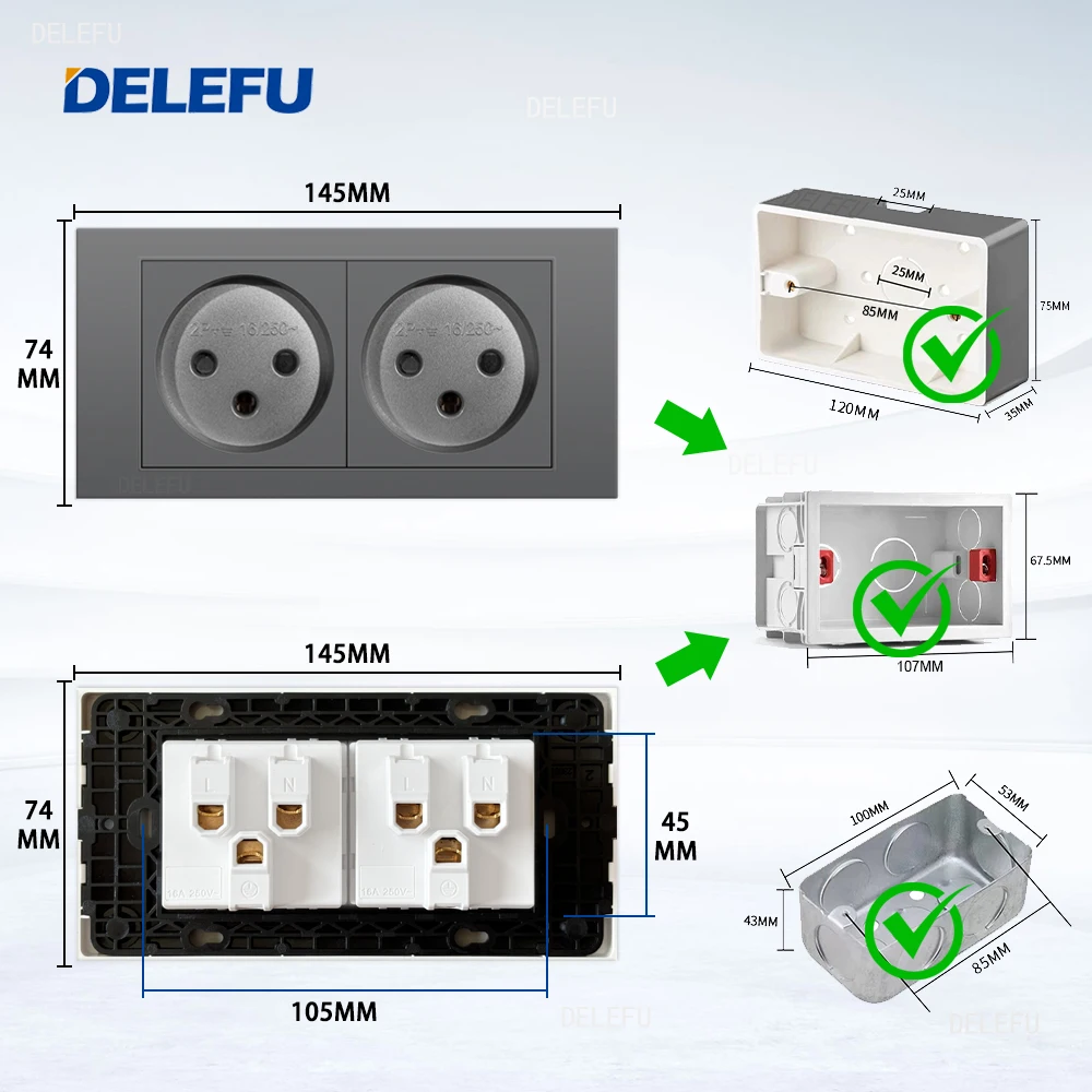 DELEFU Flame Retardant SC31 Panel 145mm Gray Israeli Standard USB Type C Fast Charging Wall Socket Switch TV Tel CAT5 CAT6