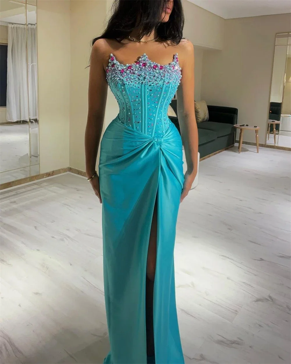 Flavinke Luxury Crystal Mermaid Evening Dresses Sparkle Satin Crown Beaded Formal Party Prom Dresses Occasion vestidos de noche