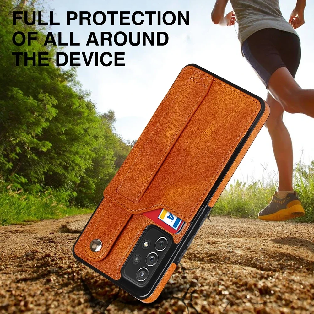 S24 S23 Plus Leather Case Wallet Card Slot Hand Wrist Strap Back Cover for Samsung Galaxy S22 Note 20 Ultra S21 FE A32 A52 A72