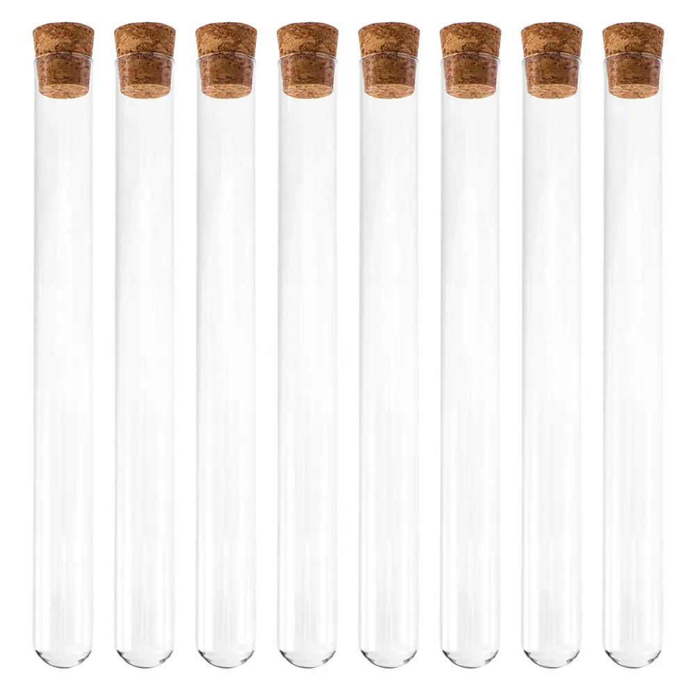 8pcs 유리 테스트 튜브 투명 과학 저장 둥근 바닥 액체 용기 스토퍼 나무 코르크 밀봉 먼지 수분 보호