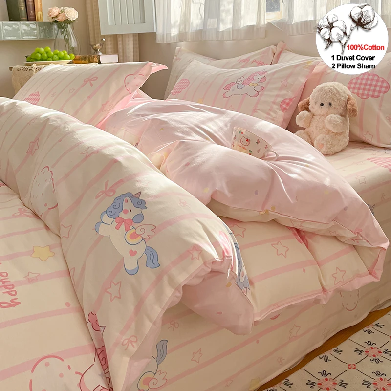 100% Cotton Duvet Cover Set Cute Cartoon Bedding Set 1 Duvet Cover 2 Pillow Shams Breathable Bed Set Single/Double/King/240x220