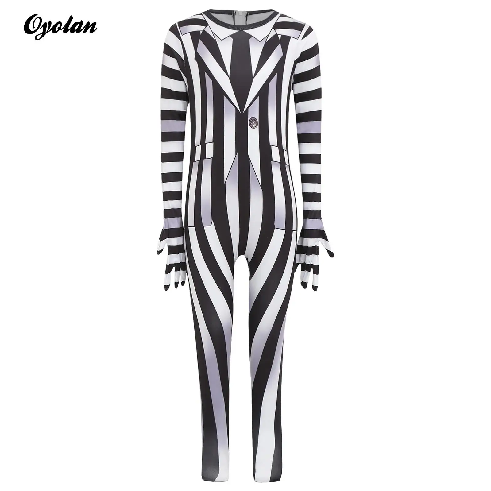 

Kids Girls Boys Black And White Striped Print Jumpsuit Scary Halloween Costumes Back Invisible Zipper for Canival Themed Parties