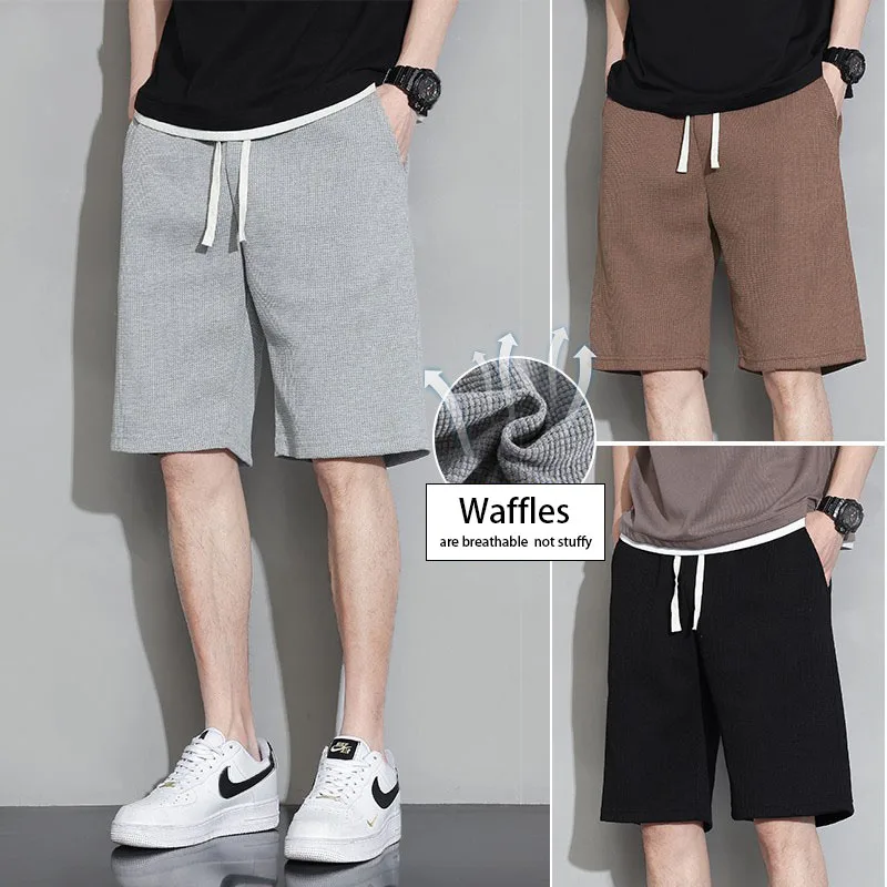 Men Shorts Solid Color Mid Waist Summer Shorts Waffle Texture Deep Crotch Drawstring Male Shorts Loose Knee Length Casual Short