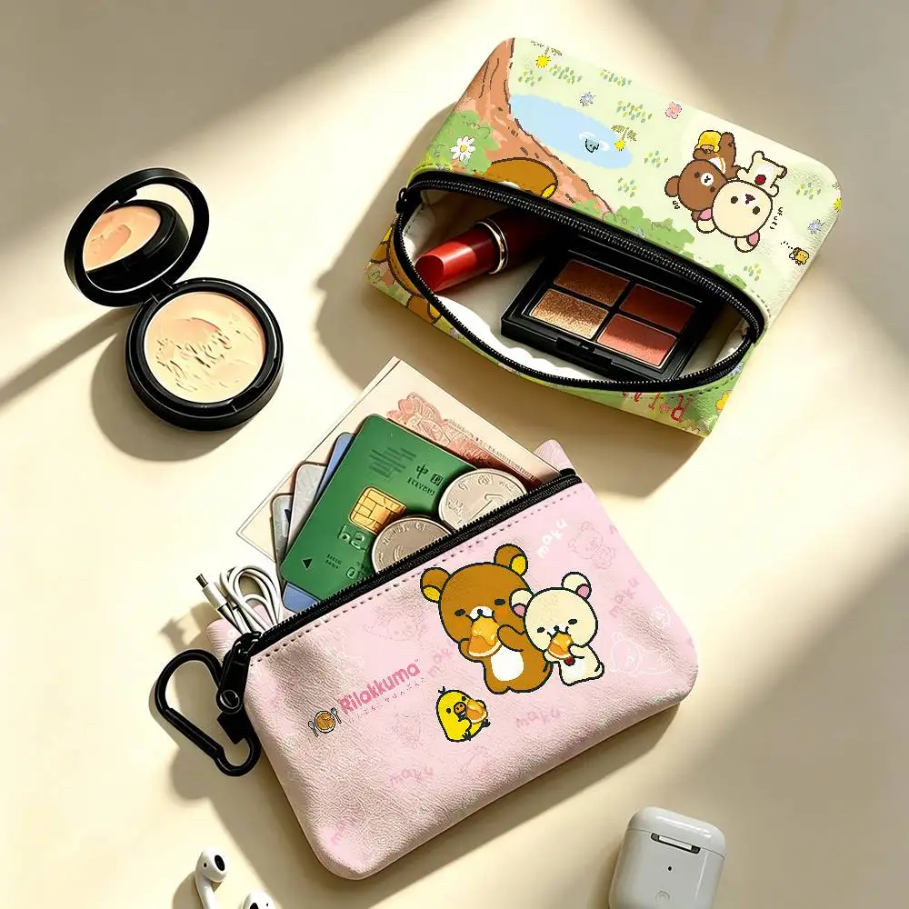Kawaii Rilakkuma Bear Portable Mini Oxford Cloth Coin Purse With Carabiner Hook Zipper Key Card Earphone Storage Wallet