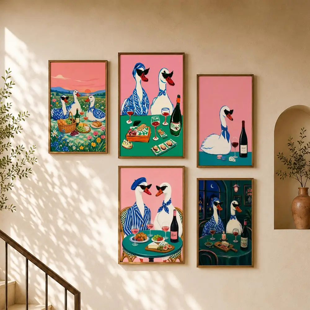 Stylish Geese Wine Dinner Picnic French Bistro Illustration Poster Home Room Bar Cafe Club Decor Aesthetic Art Wall Painting