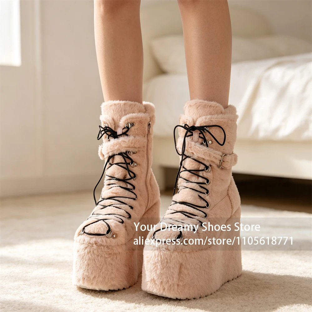Light Pink Fluffy Fur Upper Boots Side Zipper Buckle Strap Detail Furry Ankle Boots Super High Chunky Platform Wedge Sole Boots