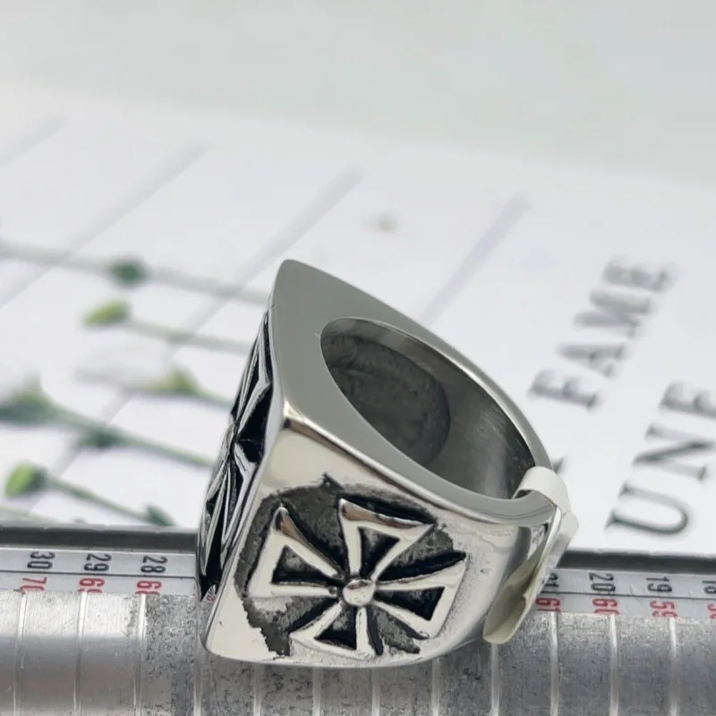 Stainless Steel Iron Cross Signet Ring for Men Vintage Gothic Statement Jewelry Heavy Square Band for Daily Wear and Gifting