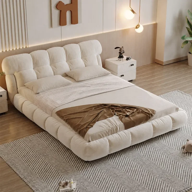 Italian Minimalist Cream White Fabric Bed 1.5m 1.8m Soft Upholstered Puff Headboard Master Bedroom Flannel Bed Frame