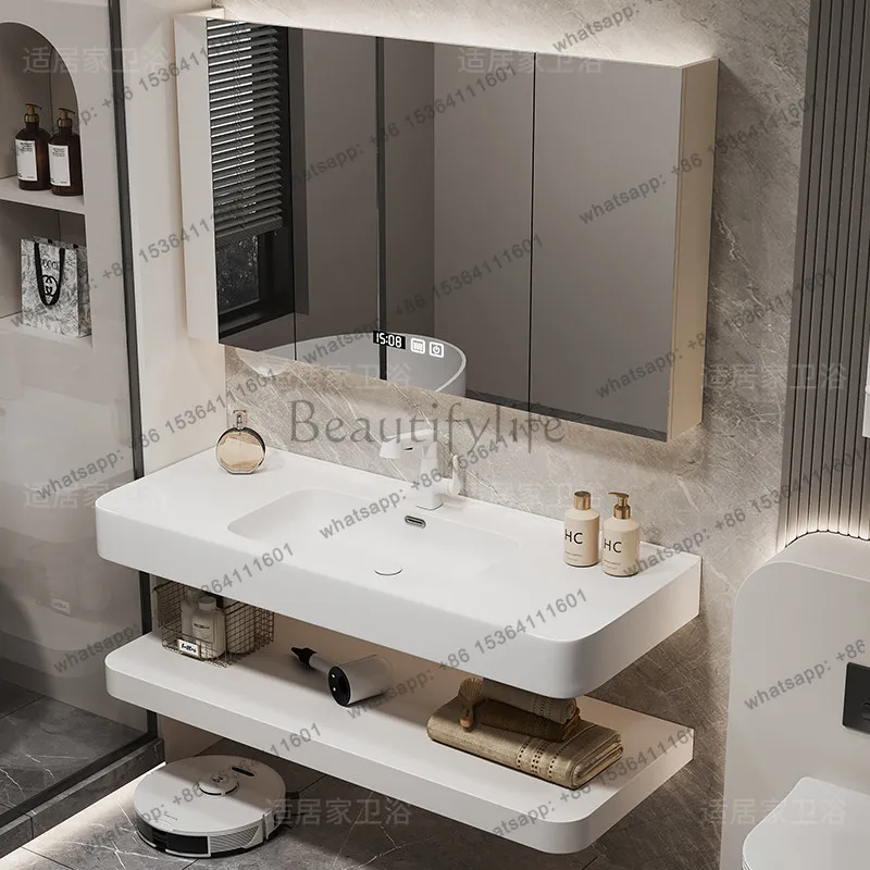 

Modern Bathroom Vanity with Rounded Corners Double-Tier Sintered Stone Integrated Basin Smart Mirror Cabinet for Home Bathroom