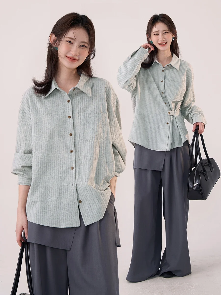 

Heme Women's Striped irt Loose Fit Cotton Linen Blend Side Button Waist Cinching Spring Summer Faionable Top