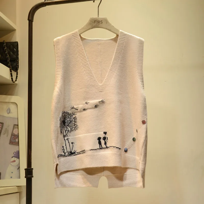 Loose Knitted V-Neck Women's Vest Top Sleeveless Sweater Korean Style Pure Color Casual Fashion Autumn Spring New Arrival