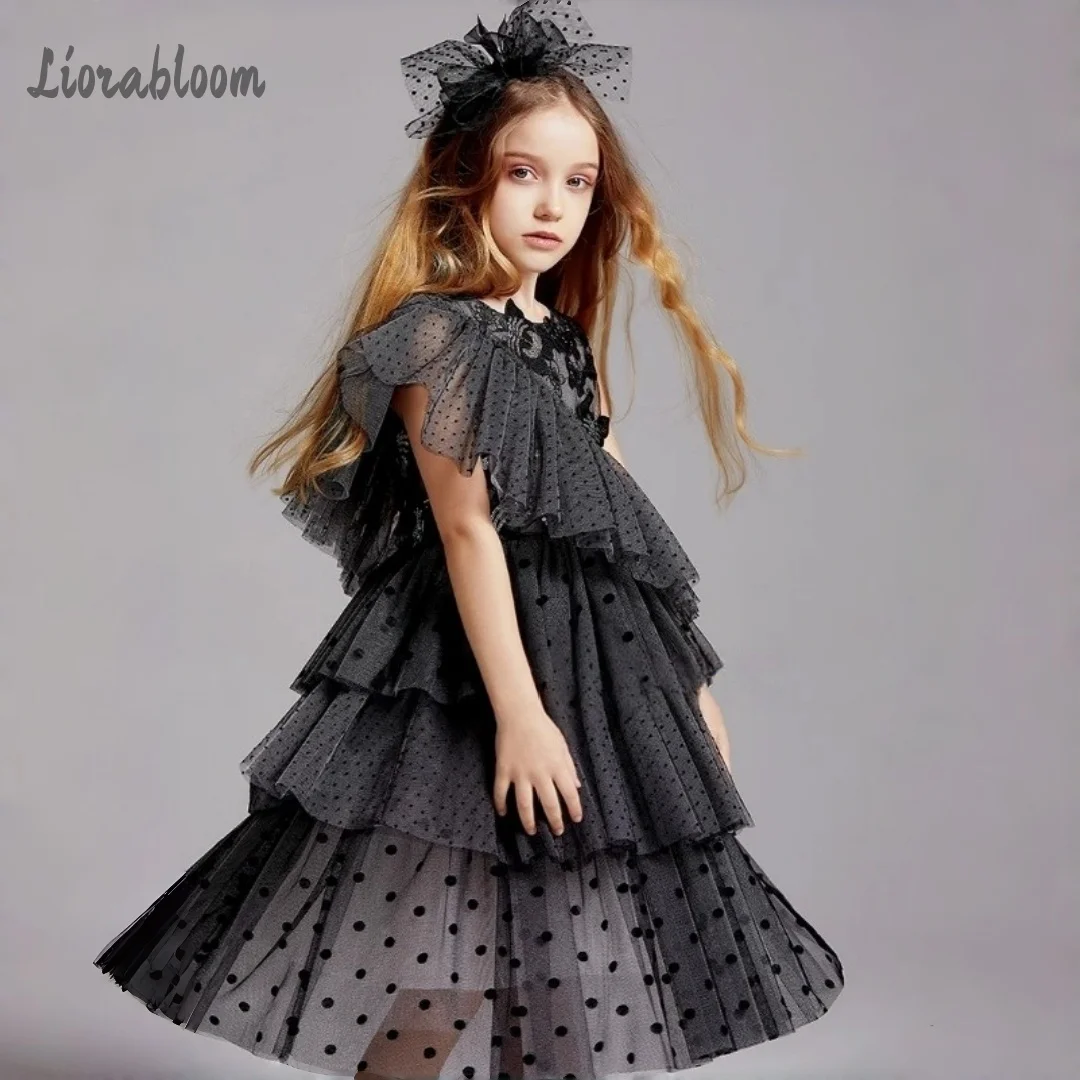 Abito Formale Nero a Pois per Bambina, Vestito Personalizzato da Damigella con Pizzo, Abbigliamento per Cerimonie Nuziali