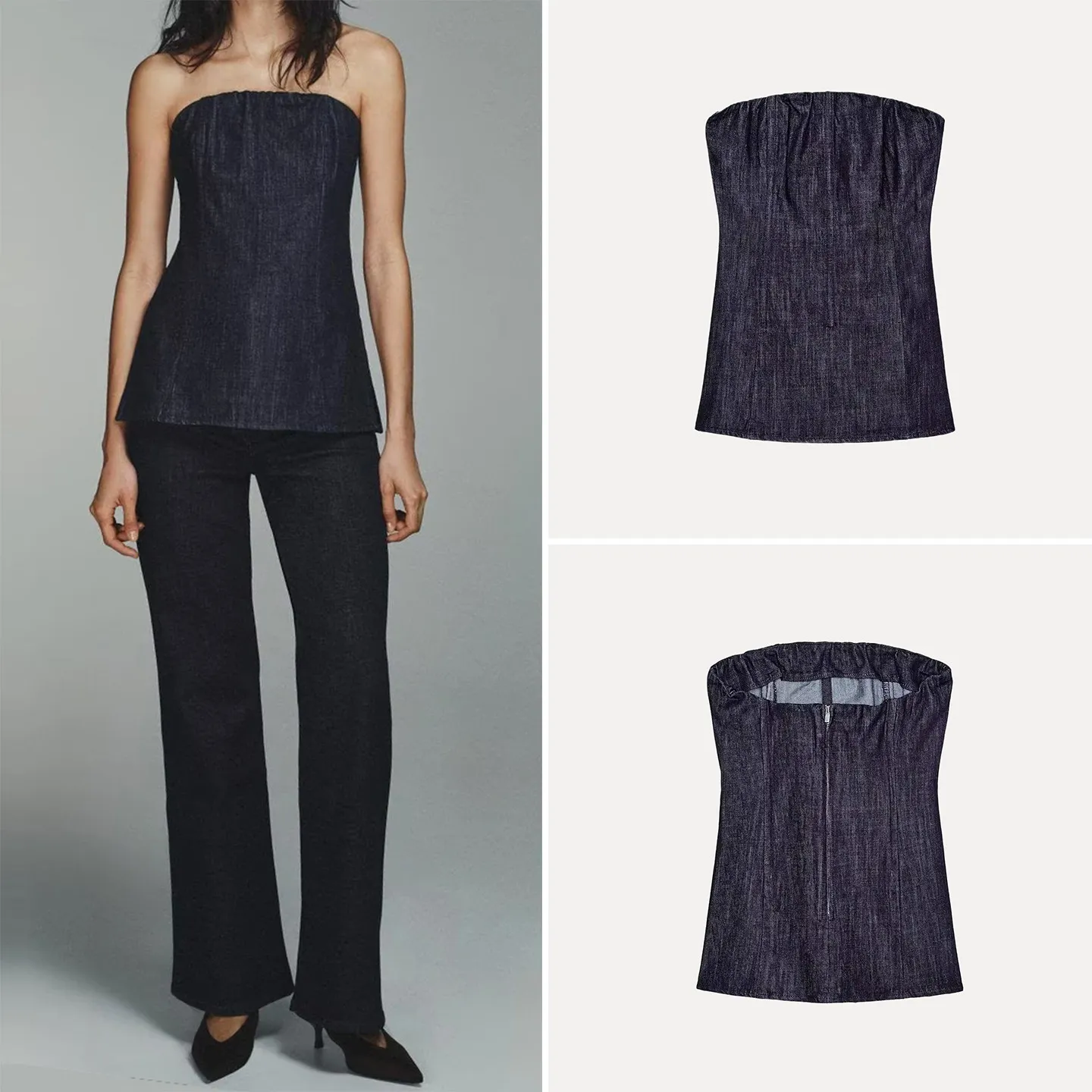 

Женский топ-бюстье с эффектом денима, облегающий, без рукавов, с молнией, однотонный, для повседневной носки, зимняя новинка