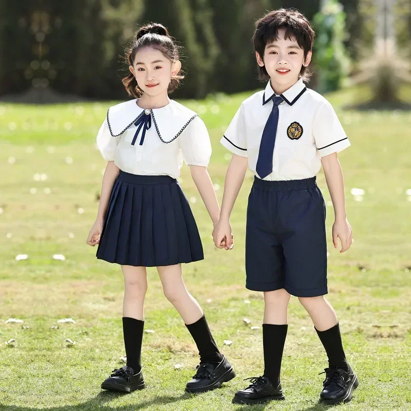 

Boys British Shirt Tie Shorts Girls Peter Pan Collar Blouse Skirts Kids Toddler Cute Clothes Sets Children Summer School Uniform