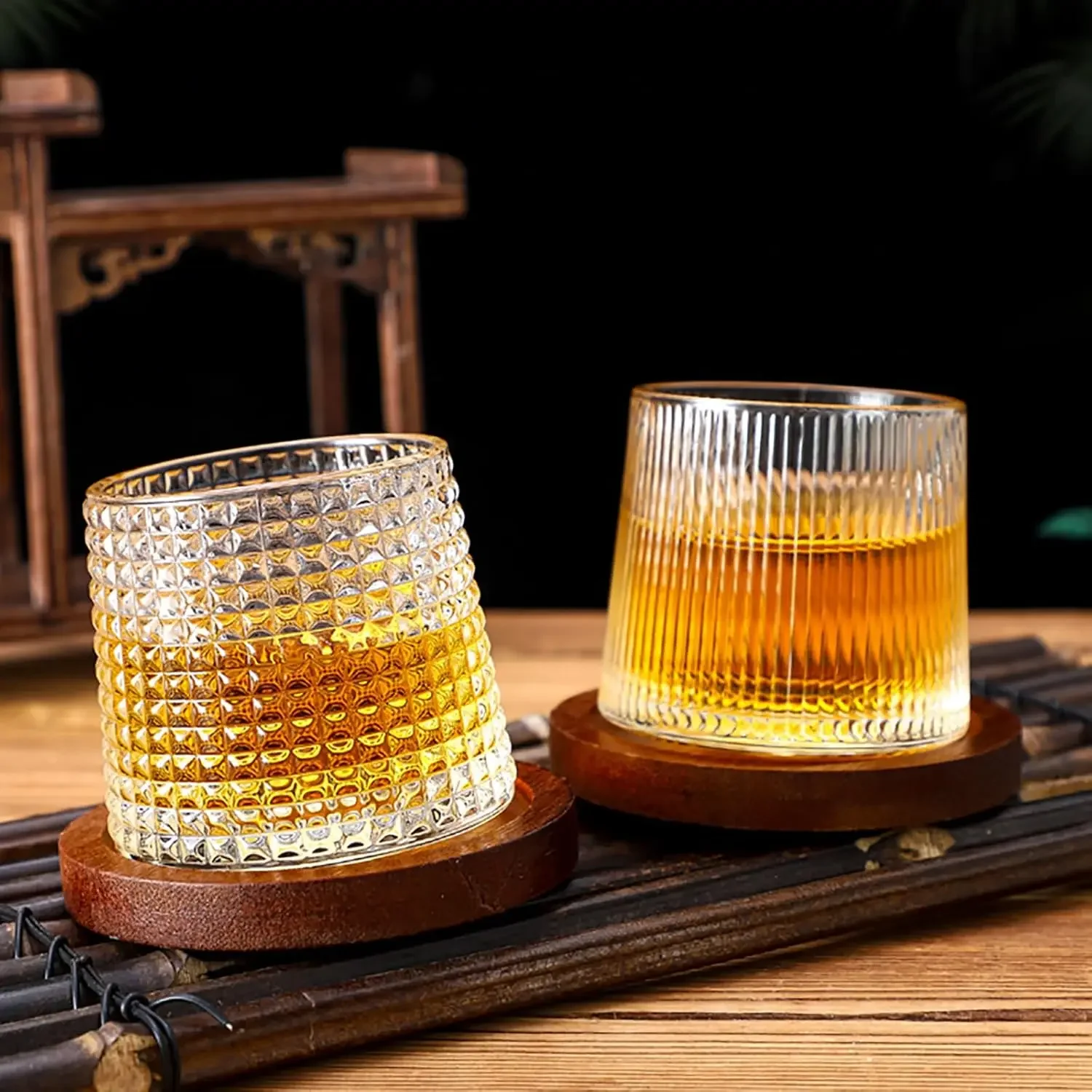 1set Tumbler Whiskey Glass with Plate Spinning Glassware Cocktails Wine Brandy Cup Water Juice Tea Mug Creative Barware Gift