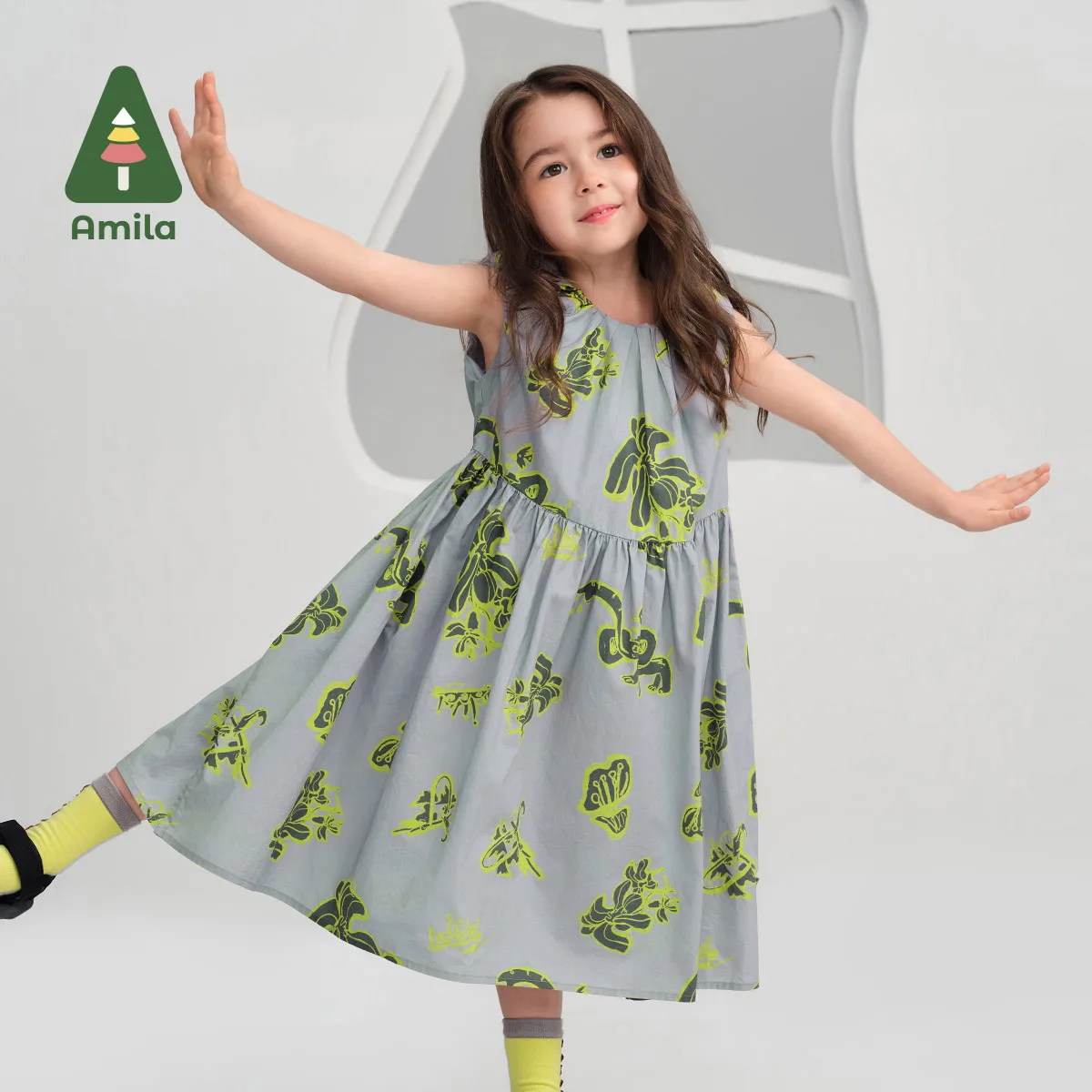 Amila2024 Summer New Sleeveless Dress for Girls and Children Printed Pleated Silhouette Dress Soft and Skin-Friendly