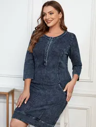 LIH HUA Women's Plus Size Denim Dress Fall Cotton Knit Crew Neck Casual Fashion Dress