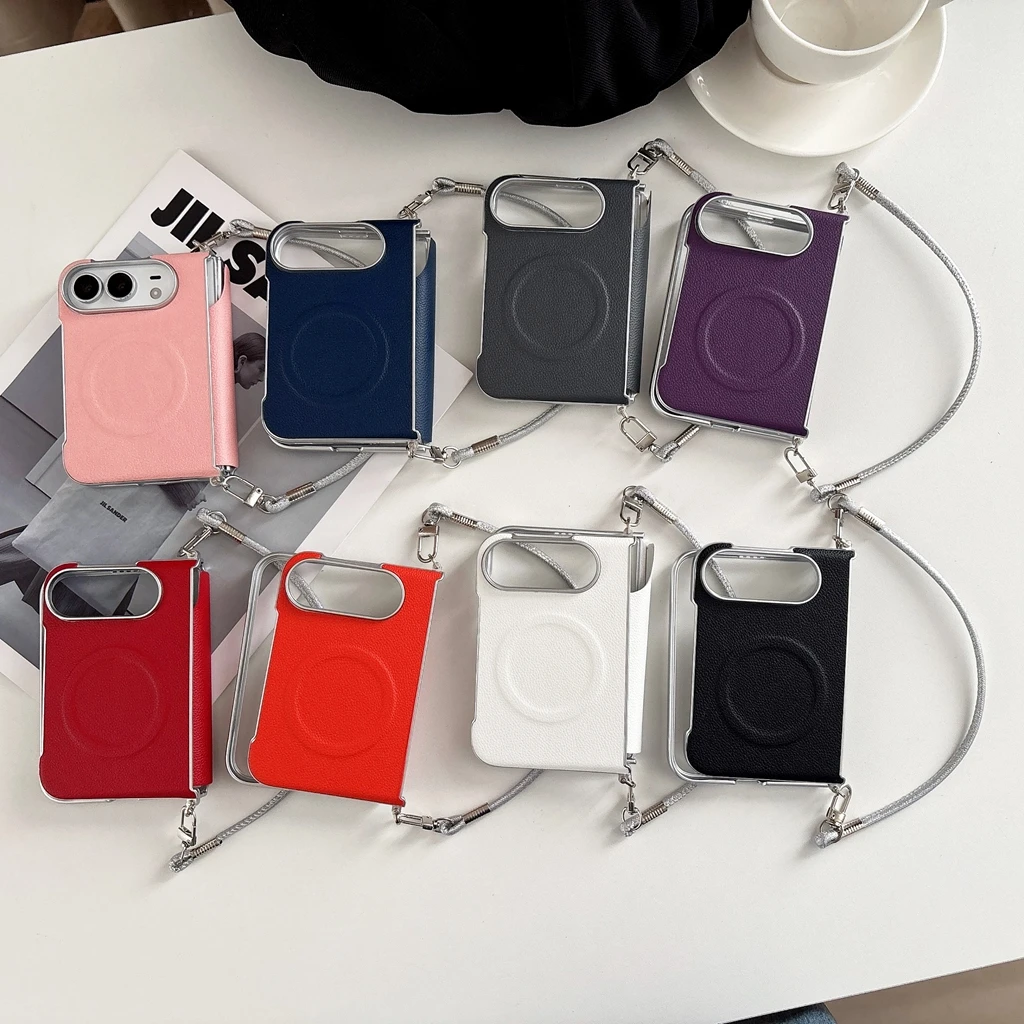 Minimalist Litchi Grain Faux Leather Electroplated Frame Foldable Lanyard Magnetic Phone Case for iPhone Ultra 18 Fold Series