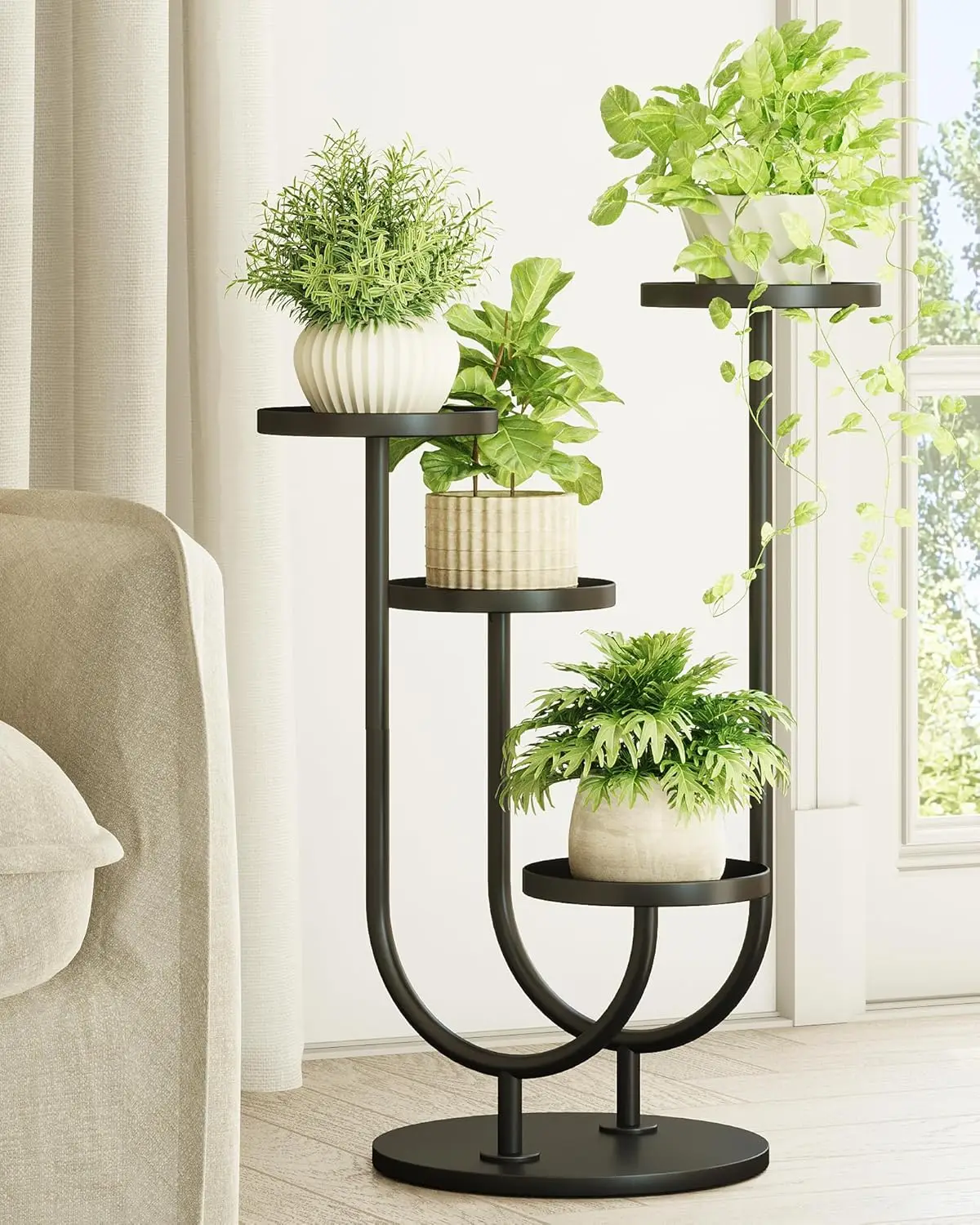 

Улучшенная металлическая подставка для растений с 4 горшками, угловая полка для высоких растений в черном цвете, декор в стиле Mid-Century Modern