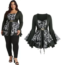 S-3XL Women's Gothic Tie Dye Skull Top Autumn Ruched Lace Trim Sweetheart Neck Shirt with Snake Buckle and Flare Sleeves Tee