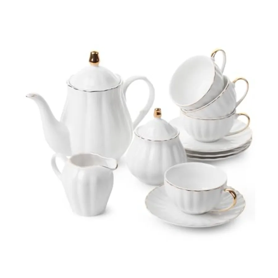 

BTaT- Classic tea set 13 pcs Tea Cups 7oz Tea Pot with Stainless Steel Infuser (32oz) Creamer and Sugar Set Porcelain Tea Set W