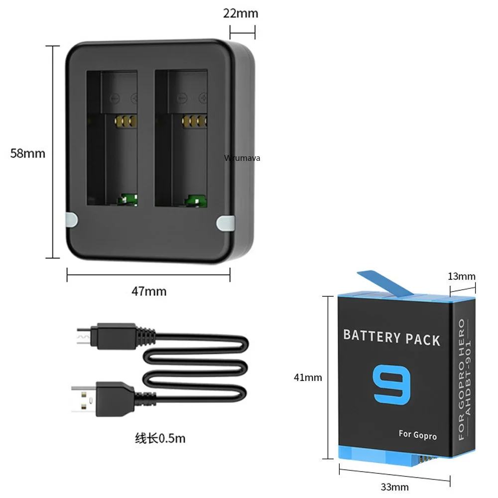 JIMITU Dual Port Slot Double Battery Charger For Gopro Go Pro Hero 12 11 10 9 Black with USB Cable Action Camera Accessory