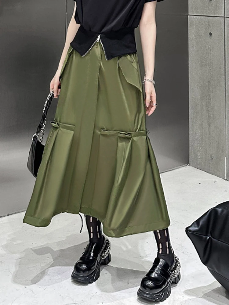 [EAM] Hohe Elastische Taille Armee Grün Plissee Zipper Elegante A-linie Halbkörper Rock Frauen Mode Neue Frühling Herbst 2024 1DH8046