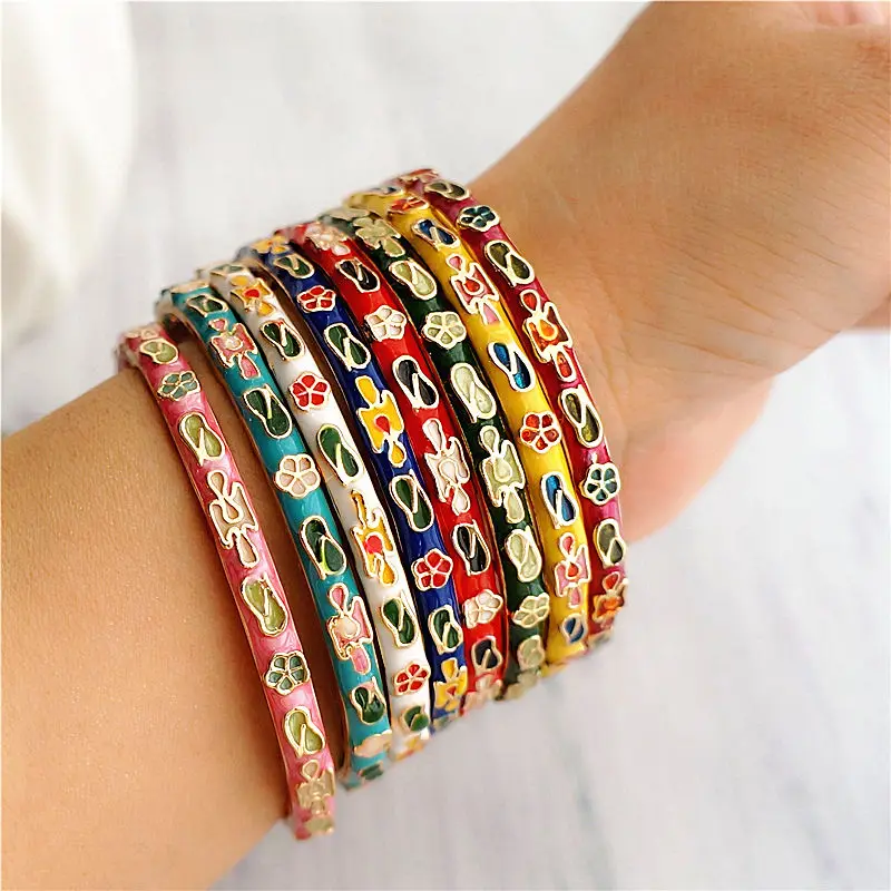 Vintage Cloisonne Enamels Thin Color Bangles for Women Accessories Chinese Traditional Handicrafts Bracelets