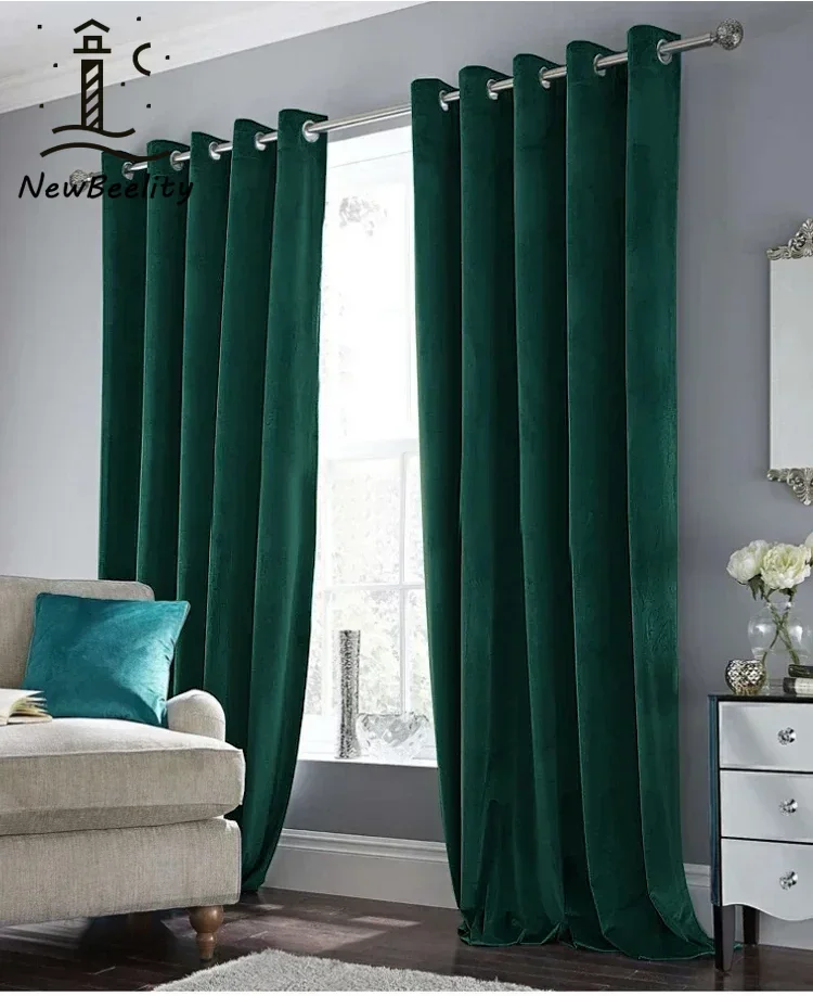 European Style Thick Blackout Curtains Velvet Green Quality Drape Solid Curtains for Living Room Bedroom Dining Villa Room Decor