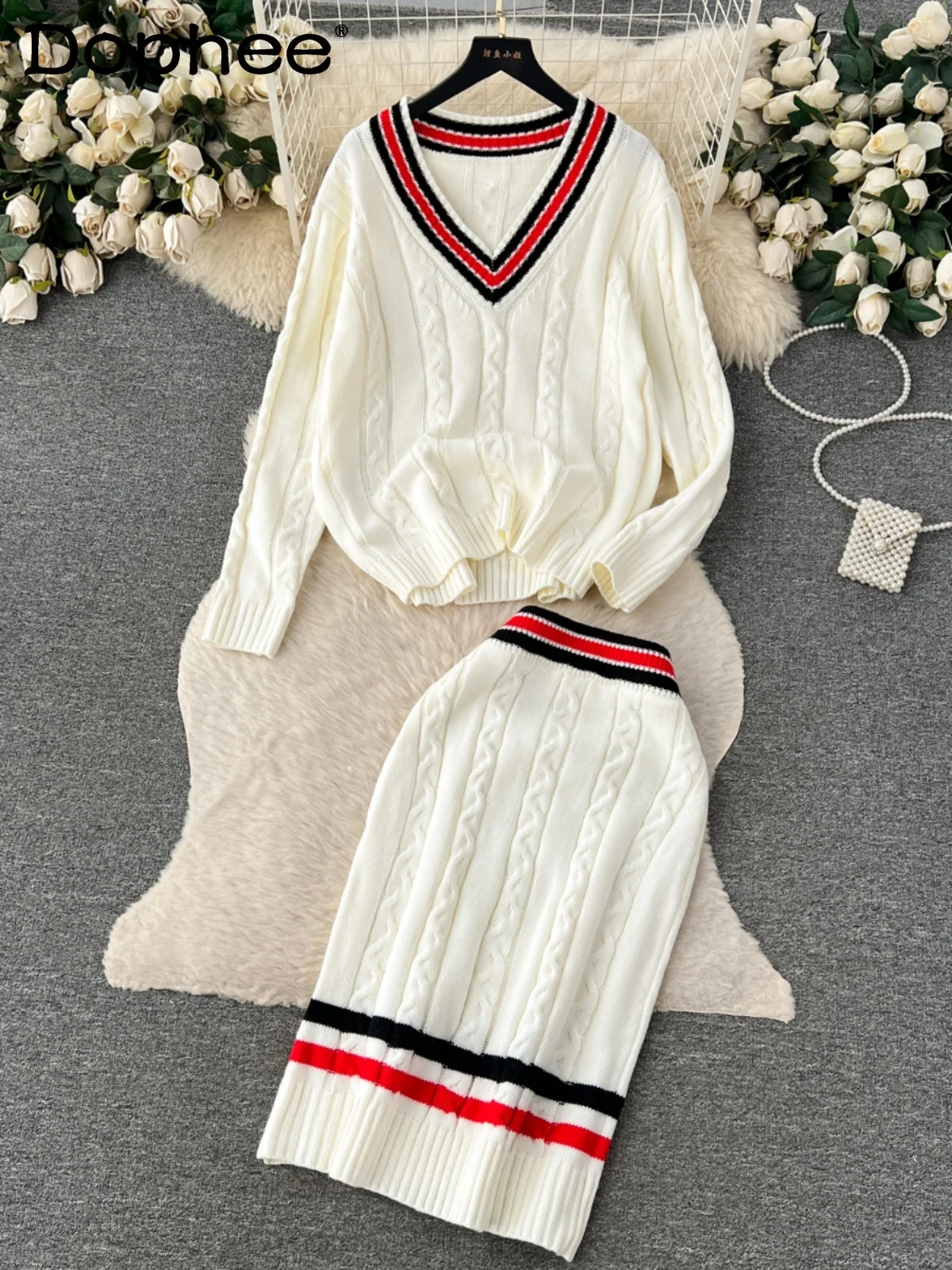 British Style Knitting Suit 2024 Autumn Fashion Casual Chic Knitted Top High Waist Sheath Cable-Knit Sweater Skirt Two-Piece Set