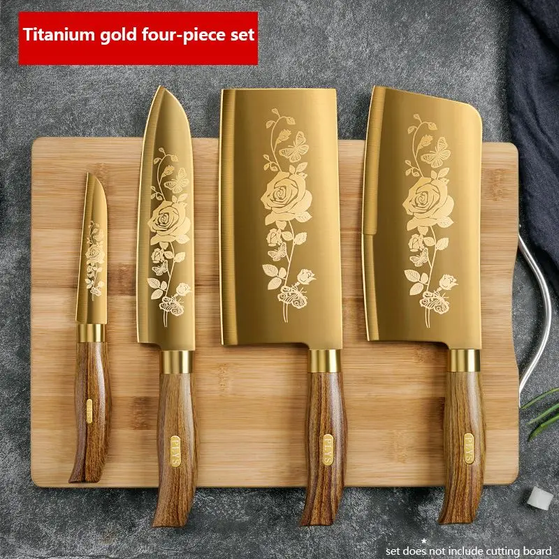 Factory Golden Kitchen Knife Set Stainless Steel Blade and Wood Grain Plastic Handle With Gold Titanium Coated Chef Knife Set
