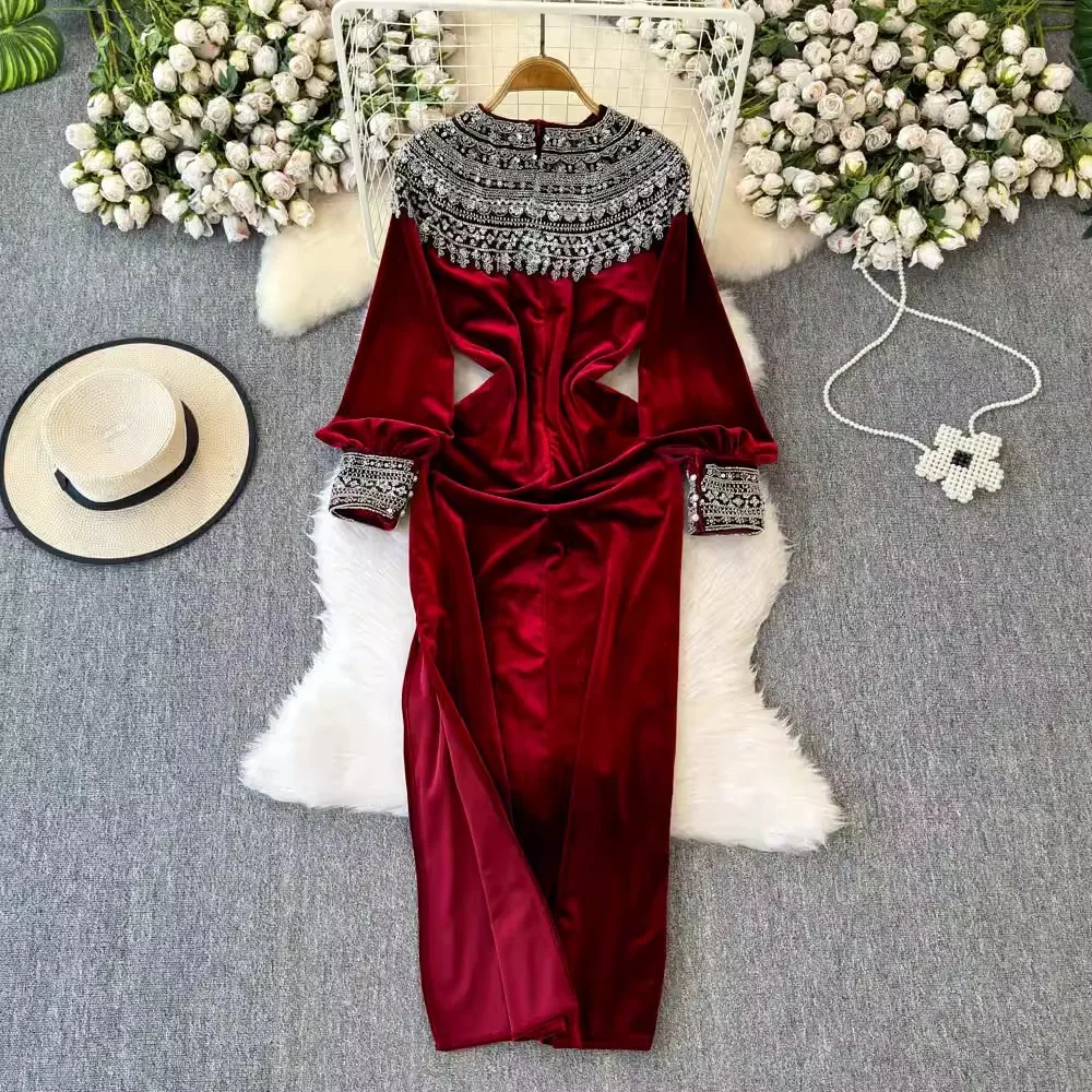 High Quality Women Solid Beaded Women O Neck Long Sleeve Loose Casual Velvet Party Office Autumn Spring Evening Dresses