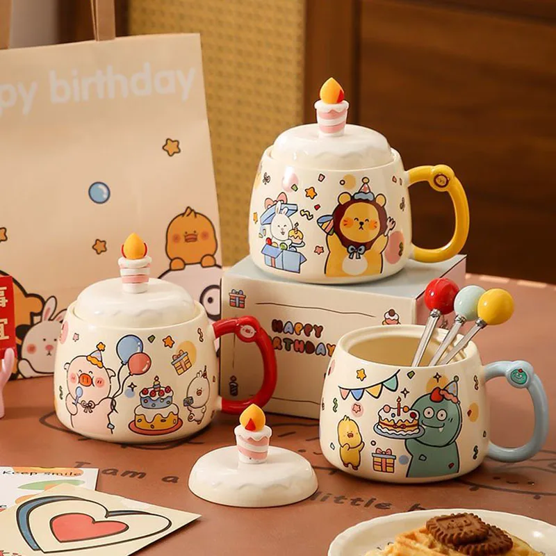 

Cute Cartoon Birthday Cake Shaped Ceramic Mug with Lid Spoon Creative Animal Dinosaur Pig Lion Tea Cup for Home Office Kawaii