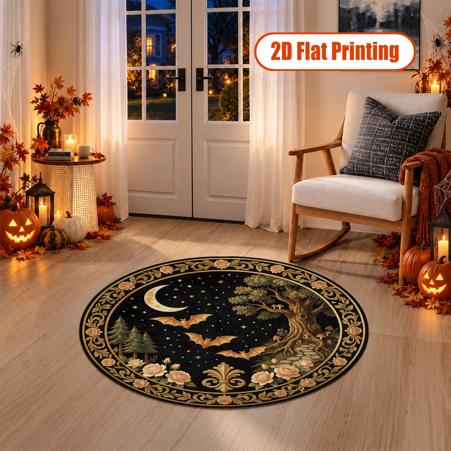 Golden Moon Bats Forest Rose Night Pattern Round Velvet Area Rug, Machine Washable, Firm Placement, Ideal for Living Room, Bedroom, Entryway, Dining Room, Perfect for Halloween, Thanksgiving, Christmas, New Year and Black Friday Home Decor
