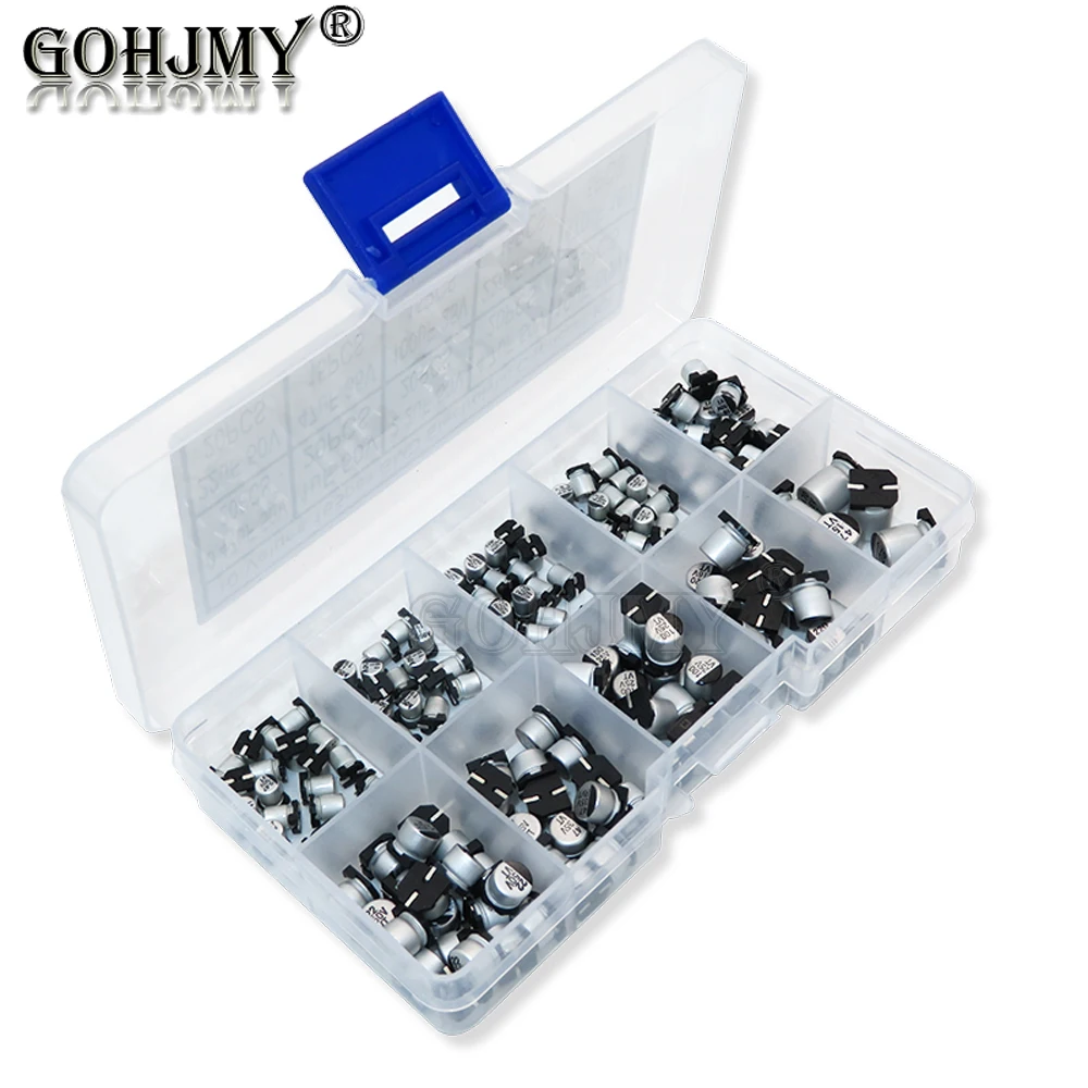 

165 шт., 10 значений, алюминиевый электролитический конденсатор SMD, набор образцов в ассортименте, Набор 0,47 мкФ 1 мкф 2,2 мкФ 4,7 мкФ 10 мкФ 22 мкФ 47 мкФ 100 мкФ, Новинка