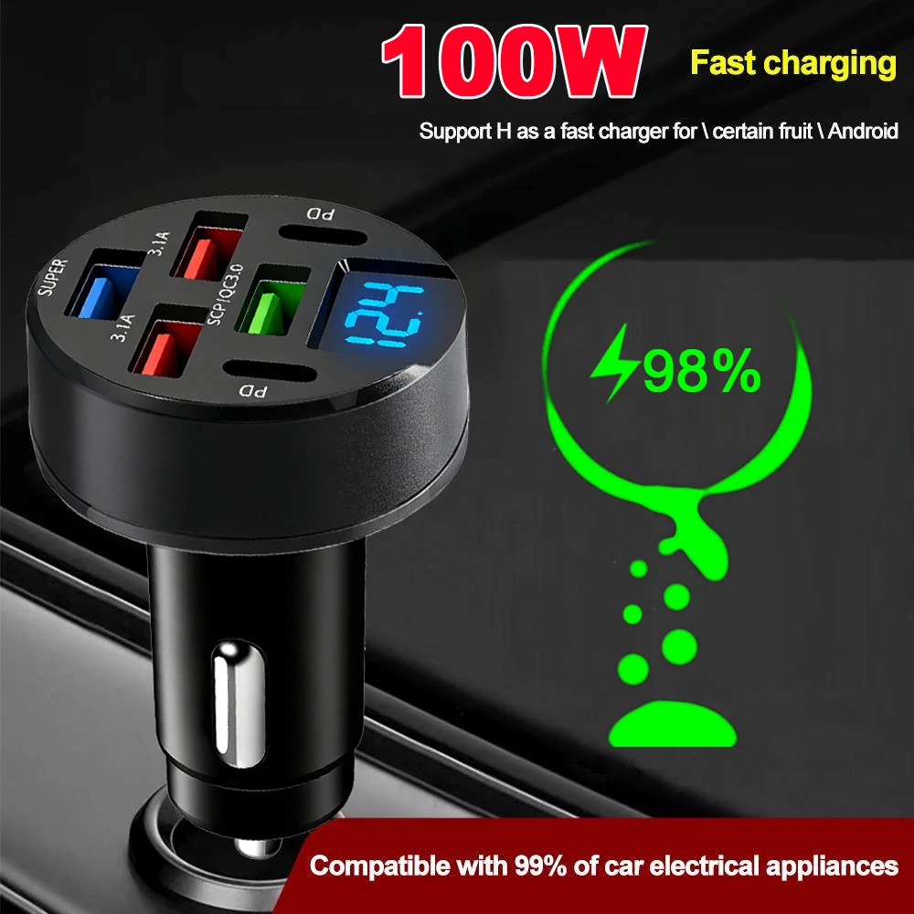 100W Multiport Car Charger PD & QC3.0 Fast Charging Phone Adapter Cigarette Lighter Socket Charger for iPhone Samsung Xiaomi